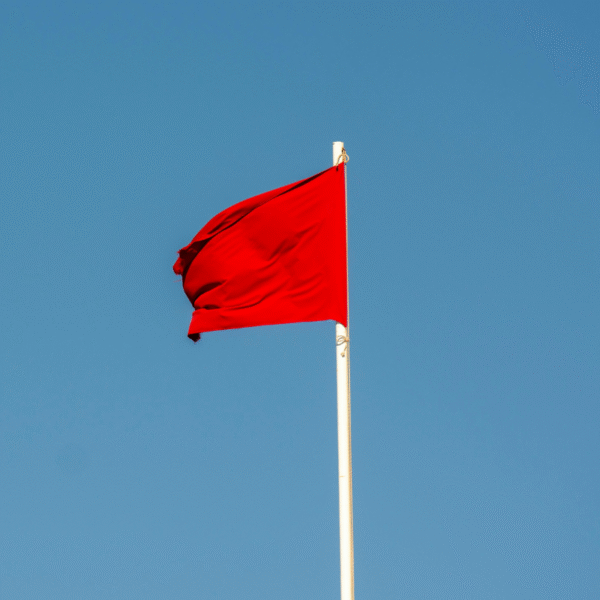INSBANK a solid red flag on a white pole waving in the wind on the background of a blue sky